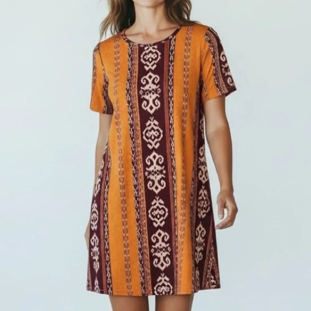 Boho Brown Printed Mini Dress in Size Large
